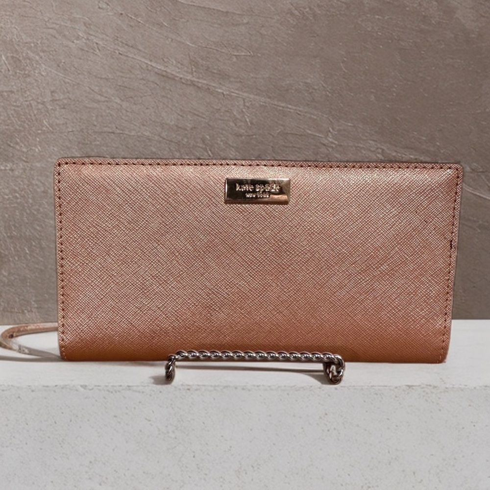 NEW kate spade Metallic Pink Rose Gold Wallet Logo Plaque Stacey Laurel Way NWT